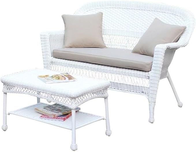 Wicker Patio Love Seat and Coffee Table Set with Tan Cushion, Espresso