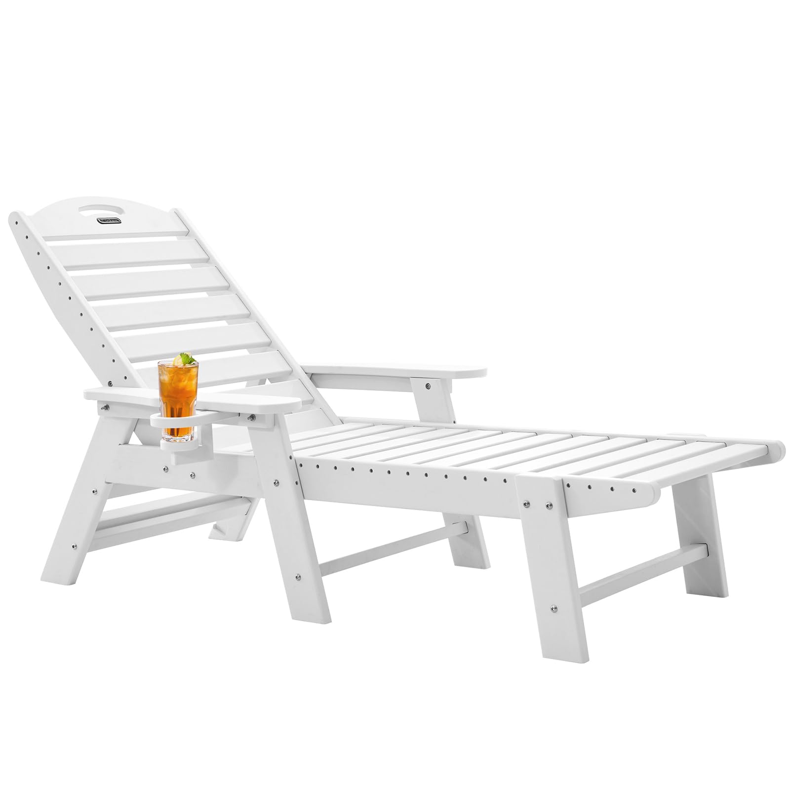 Chaise Lounge for Outdoor, Patio Lounge Chairs for Outside, Chaise Lounge Chair with 6 Positions, HDPE Lounge Chair with Cup Holder Easy Assembly for Pool Beach Garden, White