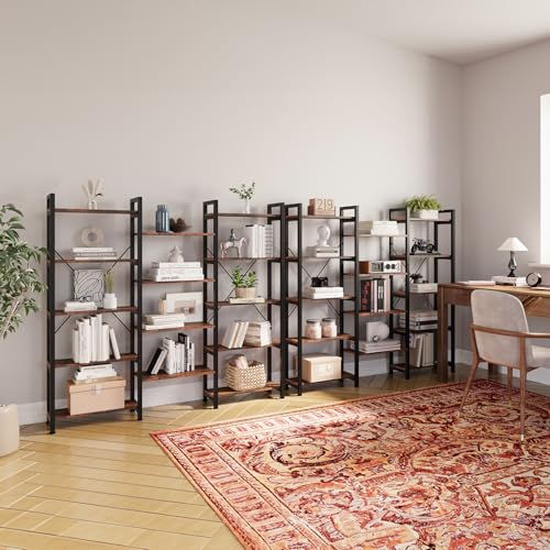 Triple Wide 5 Tier Bookshelf, Rustic Industrial Style Bookcases with 14 Open Display Shelves, Modern Tall Bookcase Furniture for Bedroom, Living Room and Home Office, Rustic Brown