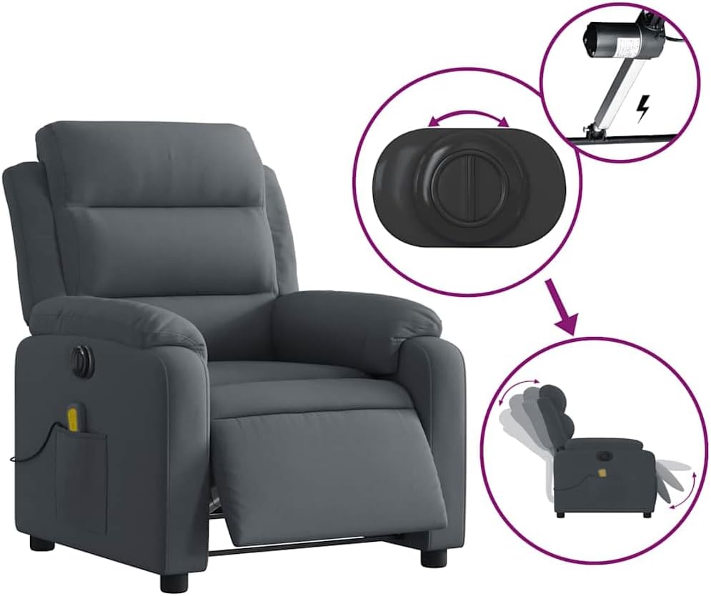 vidaXL Dark Gray Velvet Electric Massage Recliner - Motorized Footrest/Backrest Adjustment, Vibrating 6-Point Massage with Side Pocket