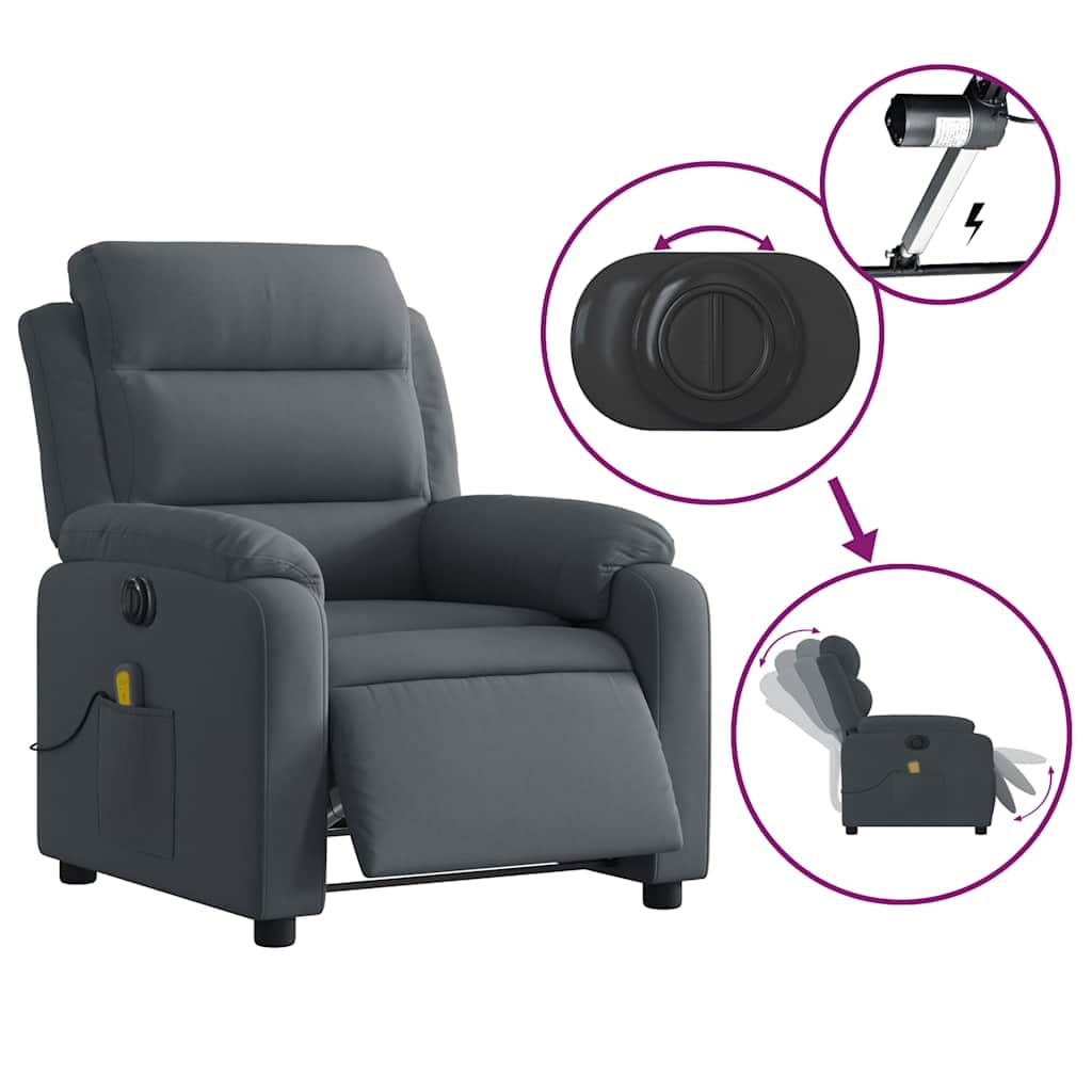 vidaXL Dark Gray Velvet Electric Massage Recliner - Motorized Footrest/Backrest Adjustment, Vibrating 6-Point Massage with Side Pocket