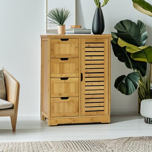 Small Storage Cabinet Bamboo with 4 Drawers and 1 Cupboard, Freestanding Compact Floor Cabinet Bamboo for Entryway