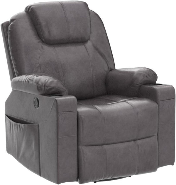 VIVIJASON Manual Massage Rocker Recliner Chair, 360° Swivel Glider Lounge Chair with Heat Ergonomic Home Theater Recliner Sofa with 2 Side Pockets, Cup Holders & USB Ports for Living Room, Gray