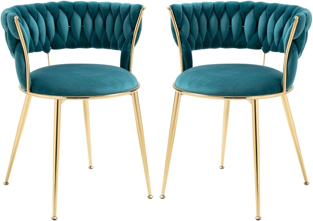 Dining Chair Set of 2, Velvet Woven Upholstered Dining Chair with Gold Metal Legs,