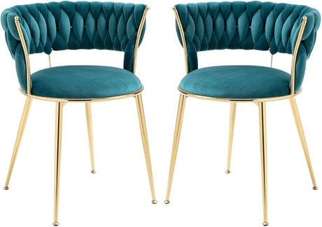 Dining Chair Set of 2, Velvet Woven Upholstered Dining Chair with Gold Metal Legs,