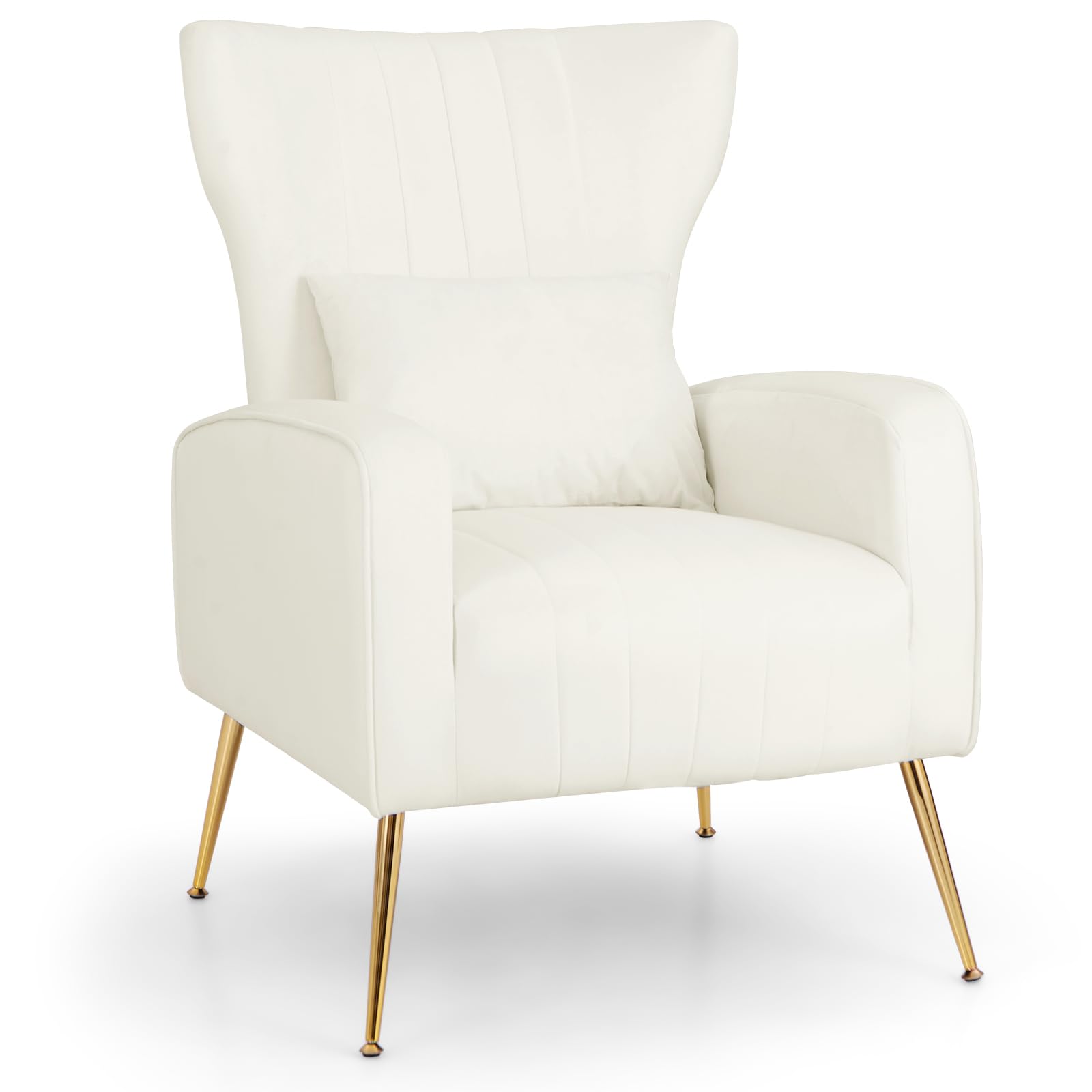 Velvet Accent Chair with Lumbar Pillow, Upholstered Tufted Wingback Arm Chair w/Golden