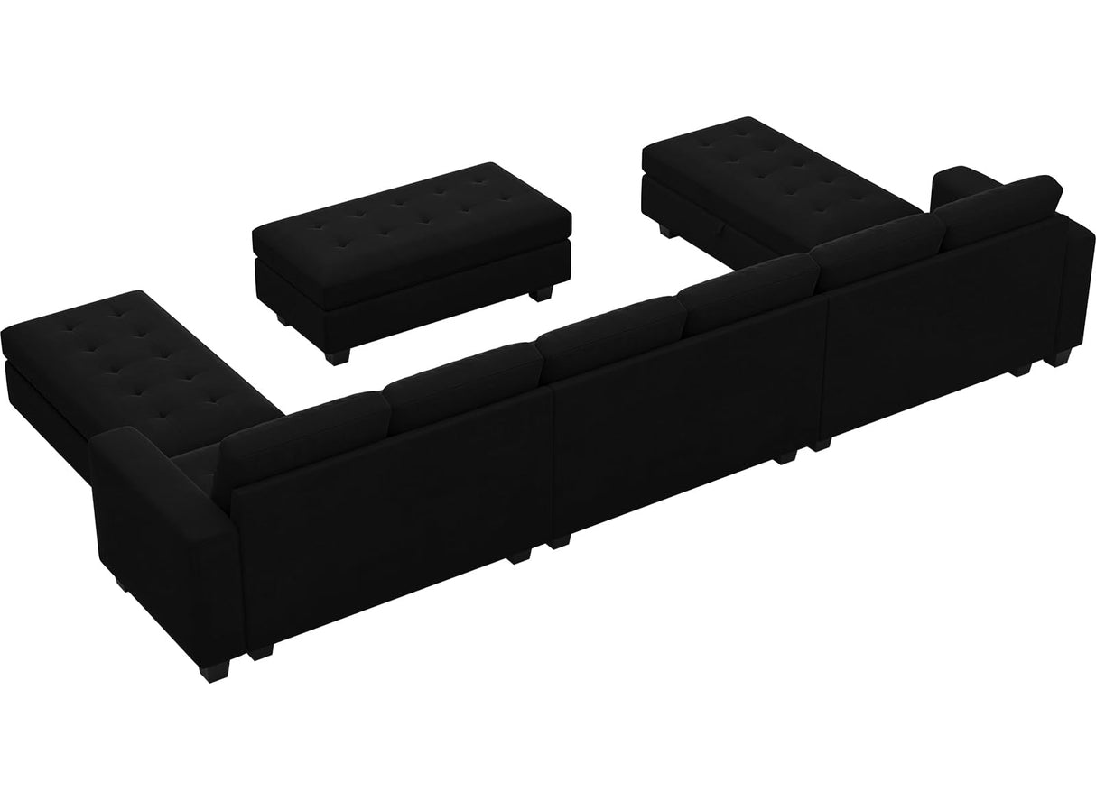 Velvet U Shaped Modular Sectional Sofa Set with Storage Ottoman, 8 Seater, Black