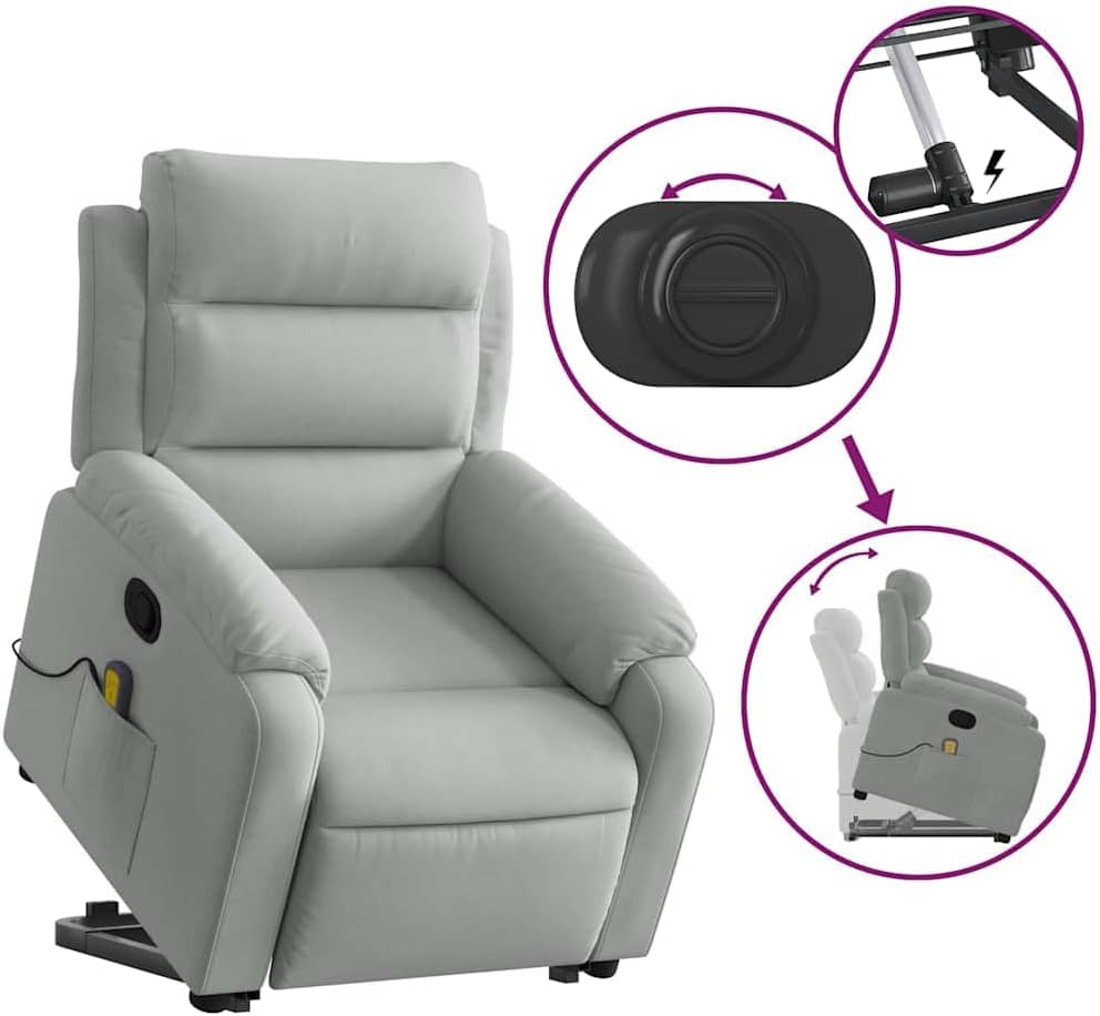 vidaXL Stand Up Light Gray Velvet Massage Recliner - Electric Power Lift Armchair with Manual Recline, 6-Point Vibration, Side Pocket, Comfy Seat