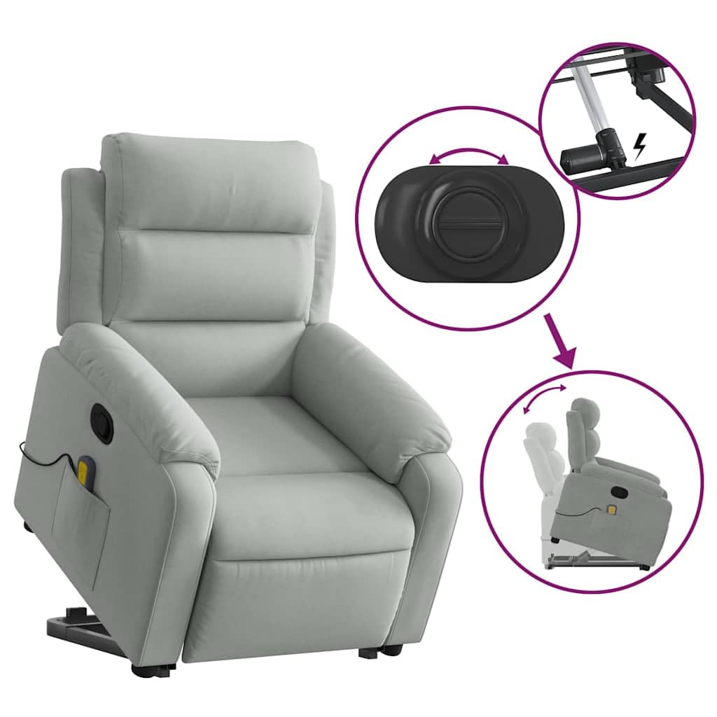 vidaXL Stand Up Light Gray Velvet Massage Recliner - Electric Power Lift Armchair with Manual Recline, 6-Point Vibration, Side Pocket, Comfy Seat