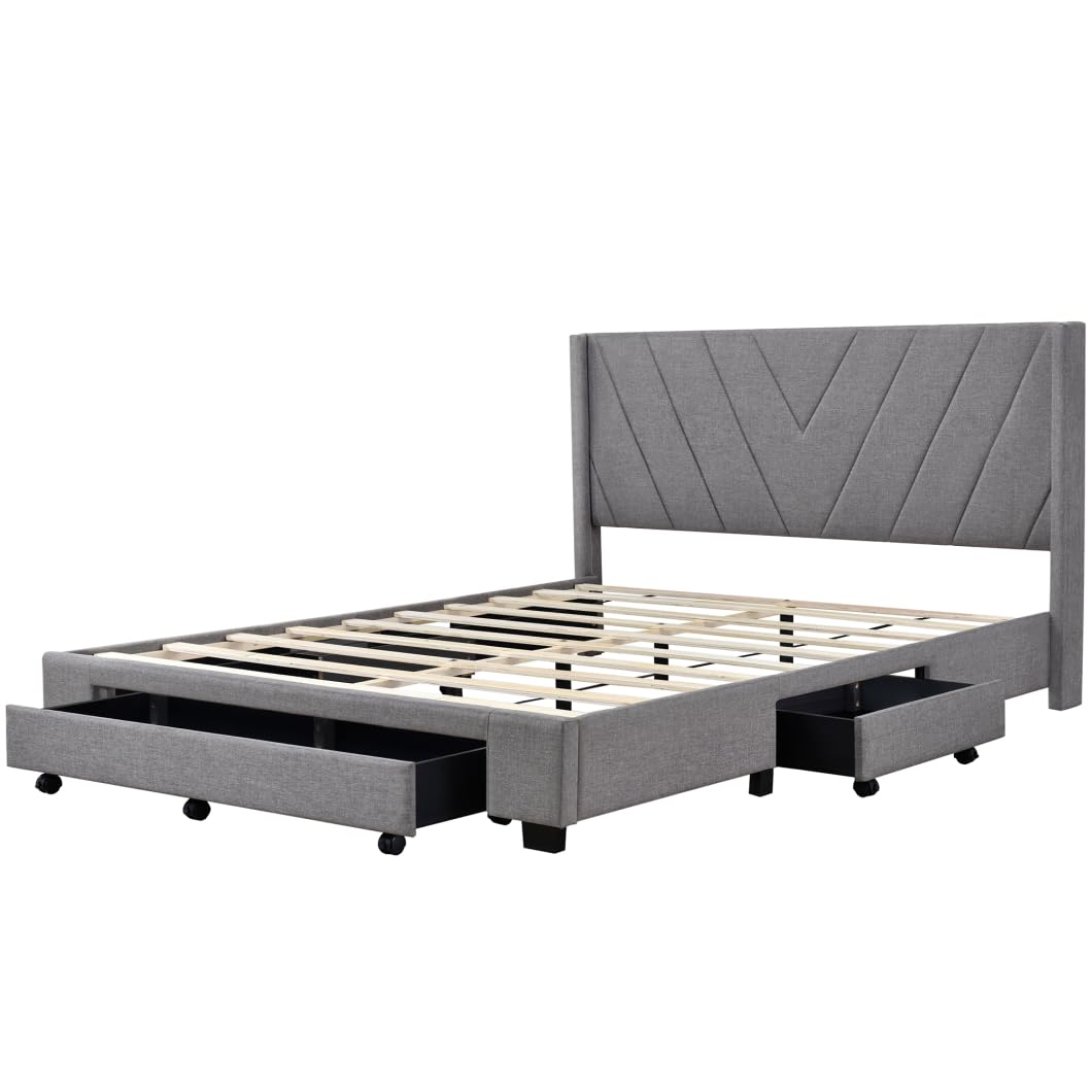 Queen Size Platform Bed with 3 Drawers,