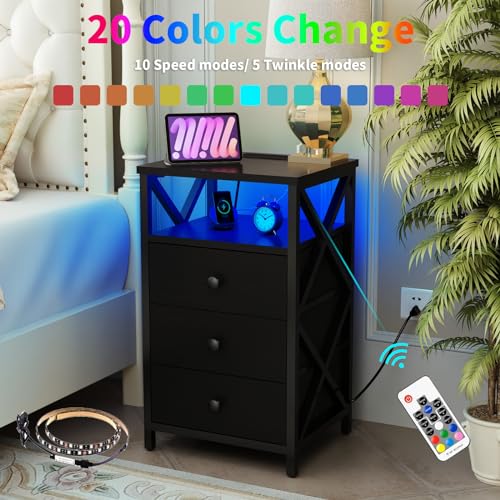 LED Nightstand with Charging Station, Tall Dresser for Bedroom with LED Light