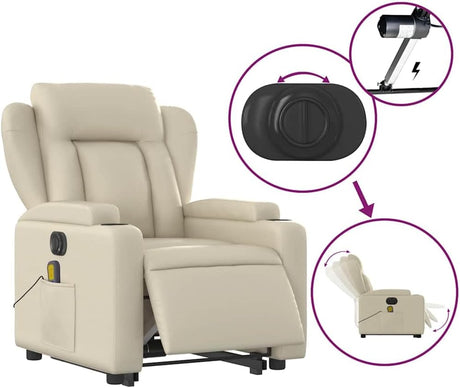 Massage Recliner Chair - Cream Faux Leather, Stand-Up Lift, Reclining, Vibration, Cup Holders