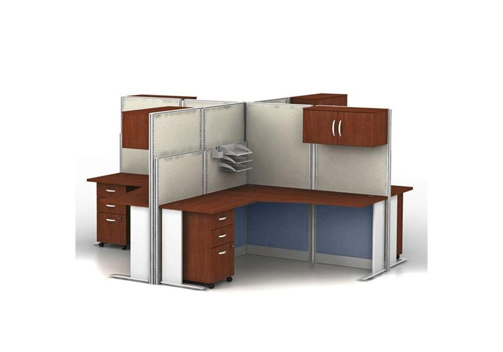 Office in an Hour 4 Person L Shaped Cubicle Workstations in Hansen Cherry