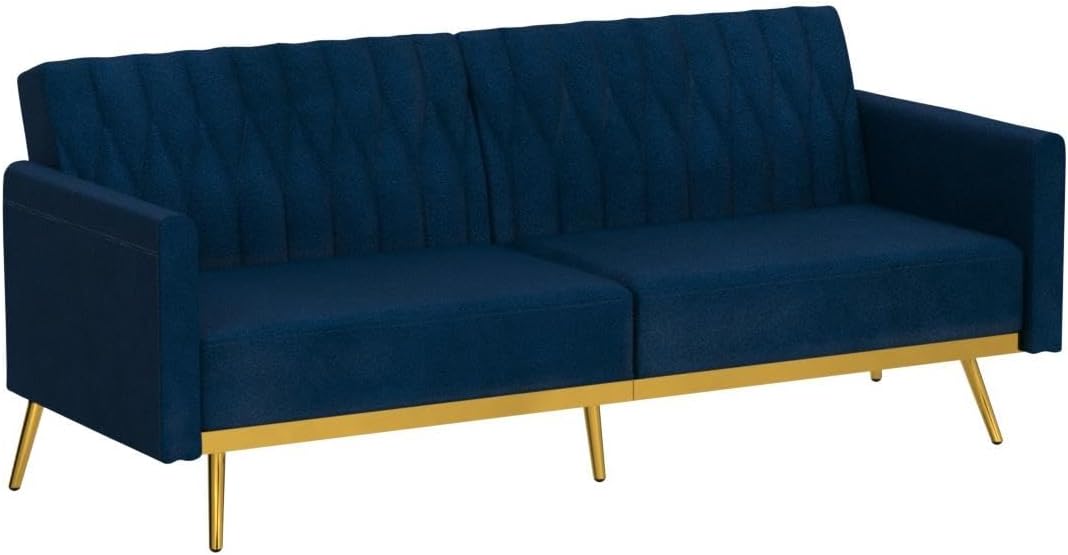 70" Blue Velvet Convertible Futon Sofa Bed, Mid Century Modern Decor, Tufted Loveseat