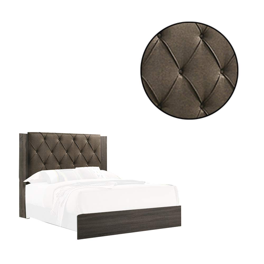 Bed with Button Tufted Headboard, Gray and Brown