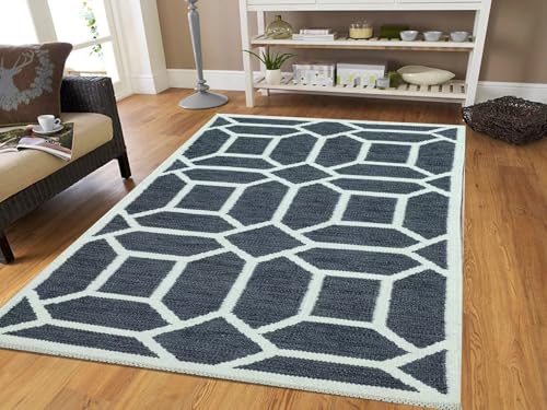 Black Geometric Wool Area Rug – 5 x 3 Feet Modern Handwoven Reversible Dhurrie