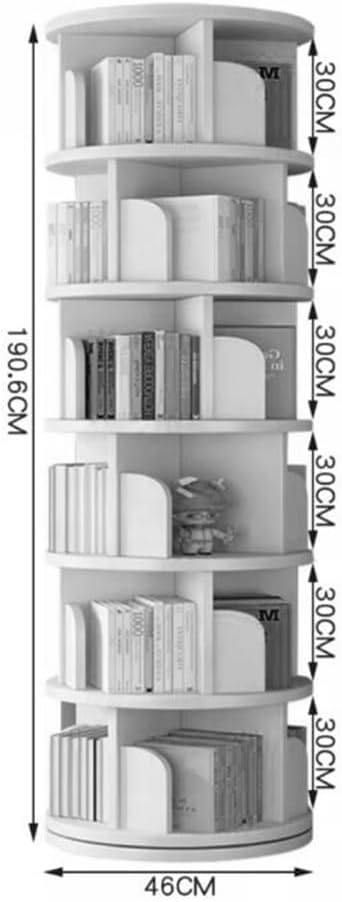 6 Tier Rotating Bookcase,360°Display Wood Round Bookshelf, Corner Bookshelf for Small