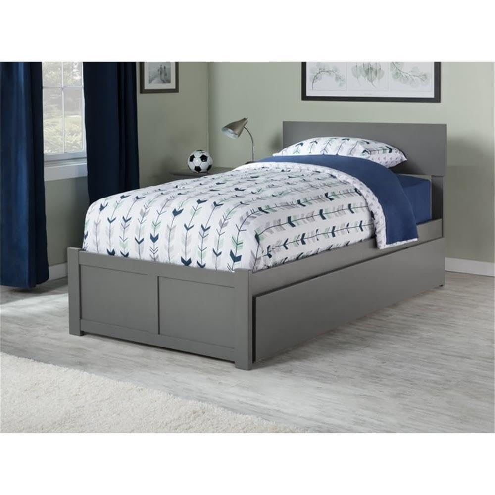 Wood Twin-XL Platform Panel Bed with Trundle in Gray
