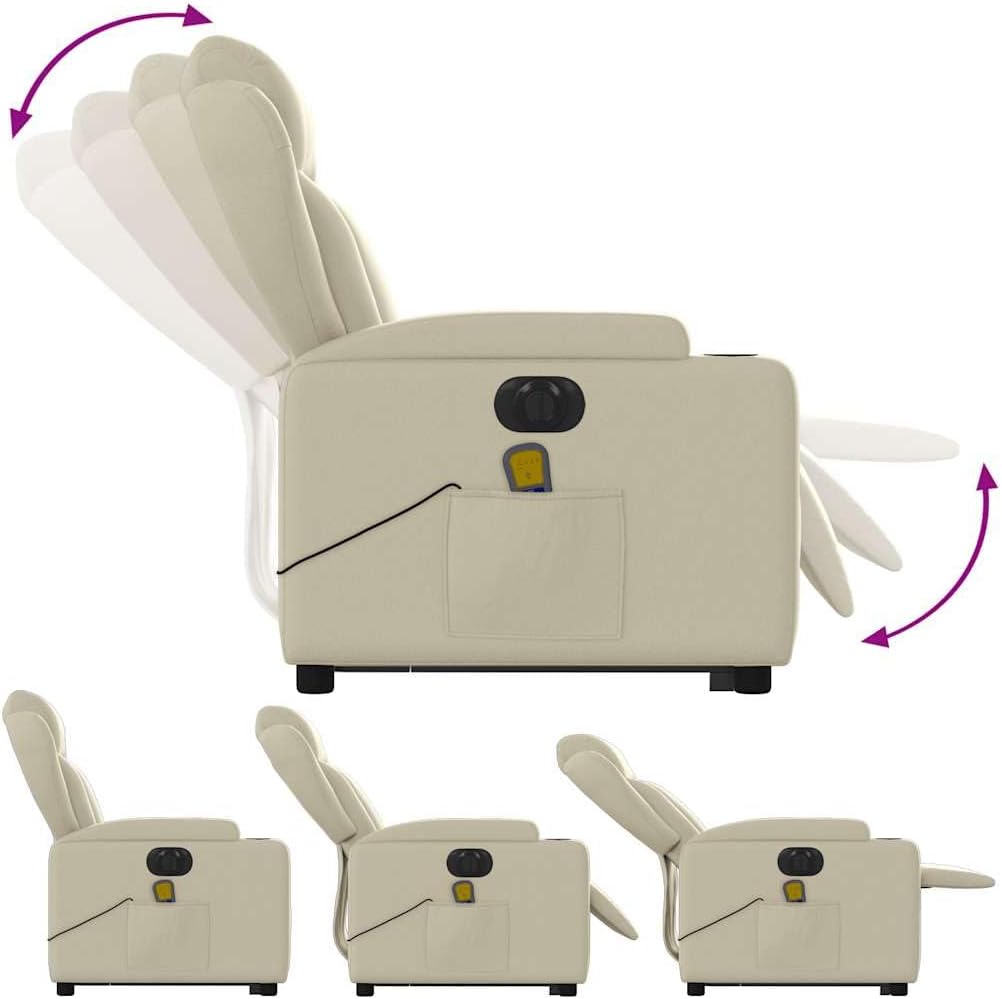 Massage Recliner Chair - Cream Faux Leather, Stand-Up Lift, Reclining, Vibration, Cup Holders