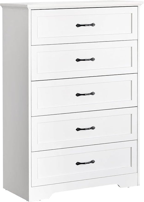 Dresser with 5 Drawers White Modern Chest of Drawers Large Capacity Storage Wood