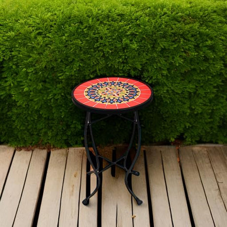 Elevon 14 Inch Round Side Ceramic Tile Top Indoor and Outdoor Accent Table, Sun - Bircata