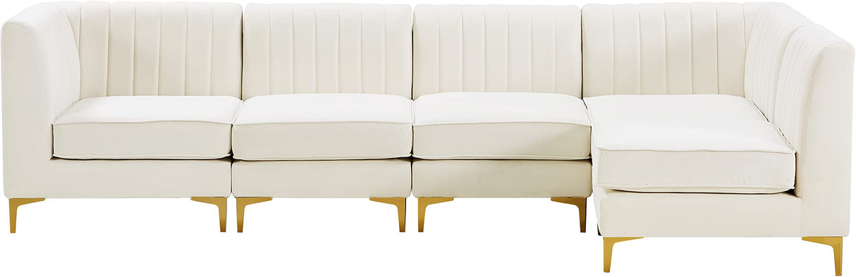 Furniture 604Cream-Sec5B Alina Collection Modern | Contemporary Velvet Upholstered Modular Sectional with Deep Channel Tufting, 116.5" W x 58.5" D x 31" H, Cream