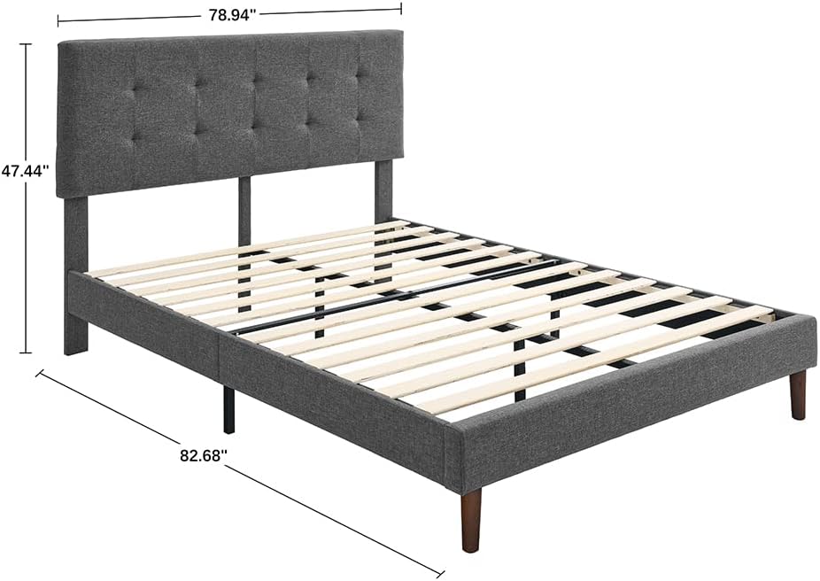 Linen Fabric Upholstered Platform Bed Frame with Square Stitch Tufted Adjustable Height