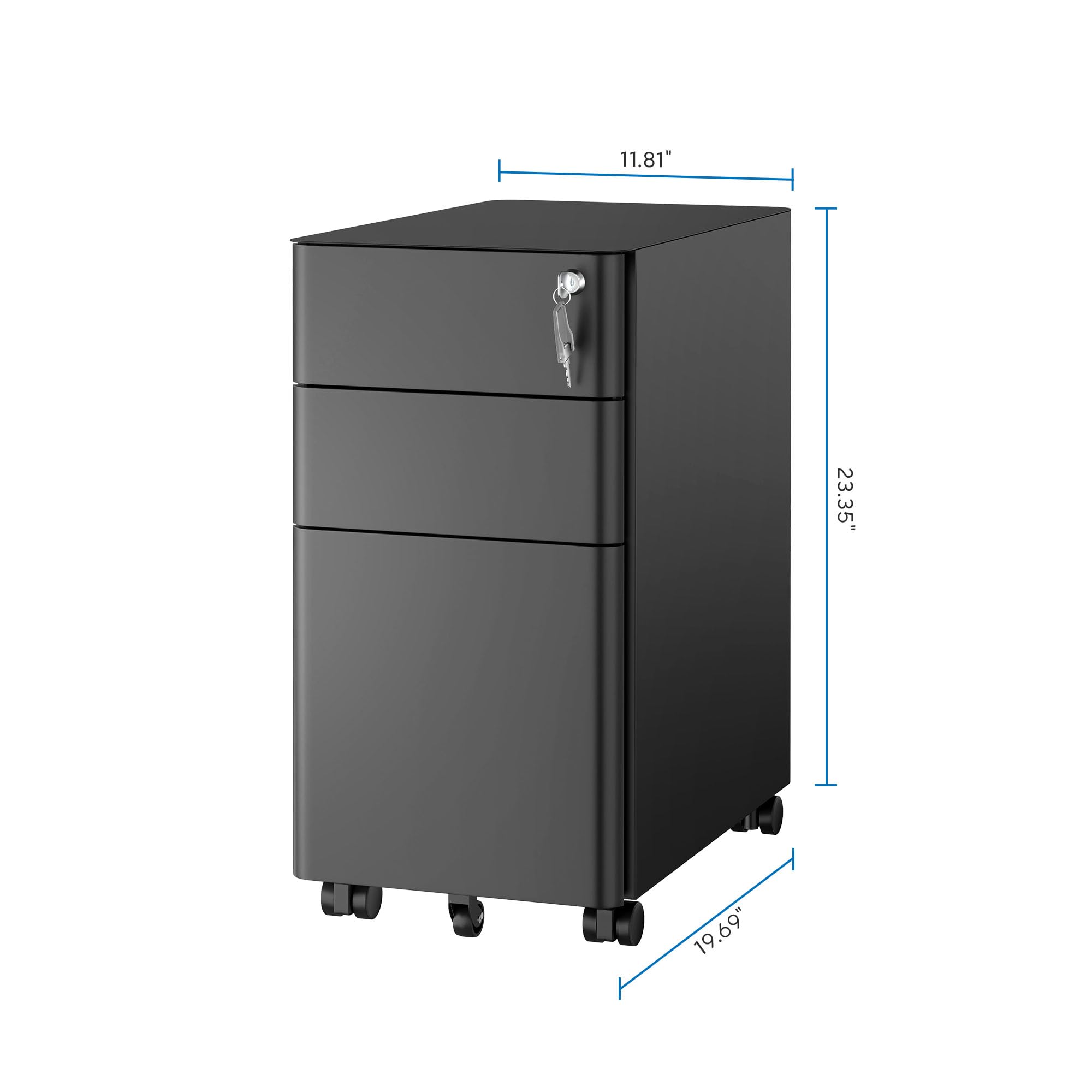 Mobile File Pedestal, File Cabinet with 3 Drawers, Slim Design Under Desk Storage