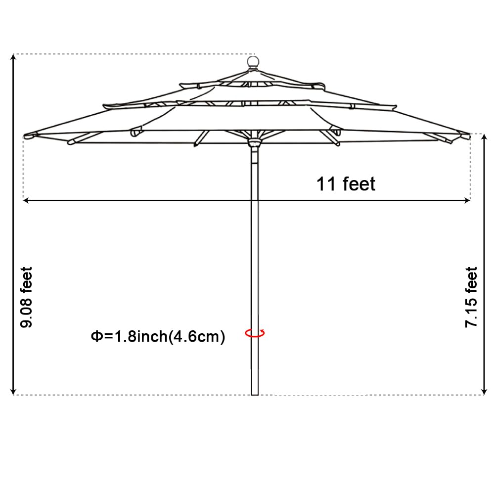 USA 10-Year-Non-Fading 11Ft 3 Tiers Market Umbrella Patio Outdoor Cylinder Auto Push-up Table Umbrella with Ventilation,