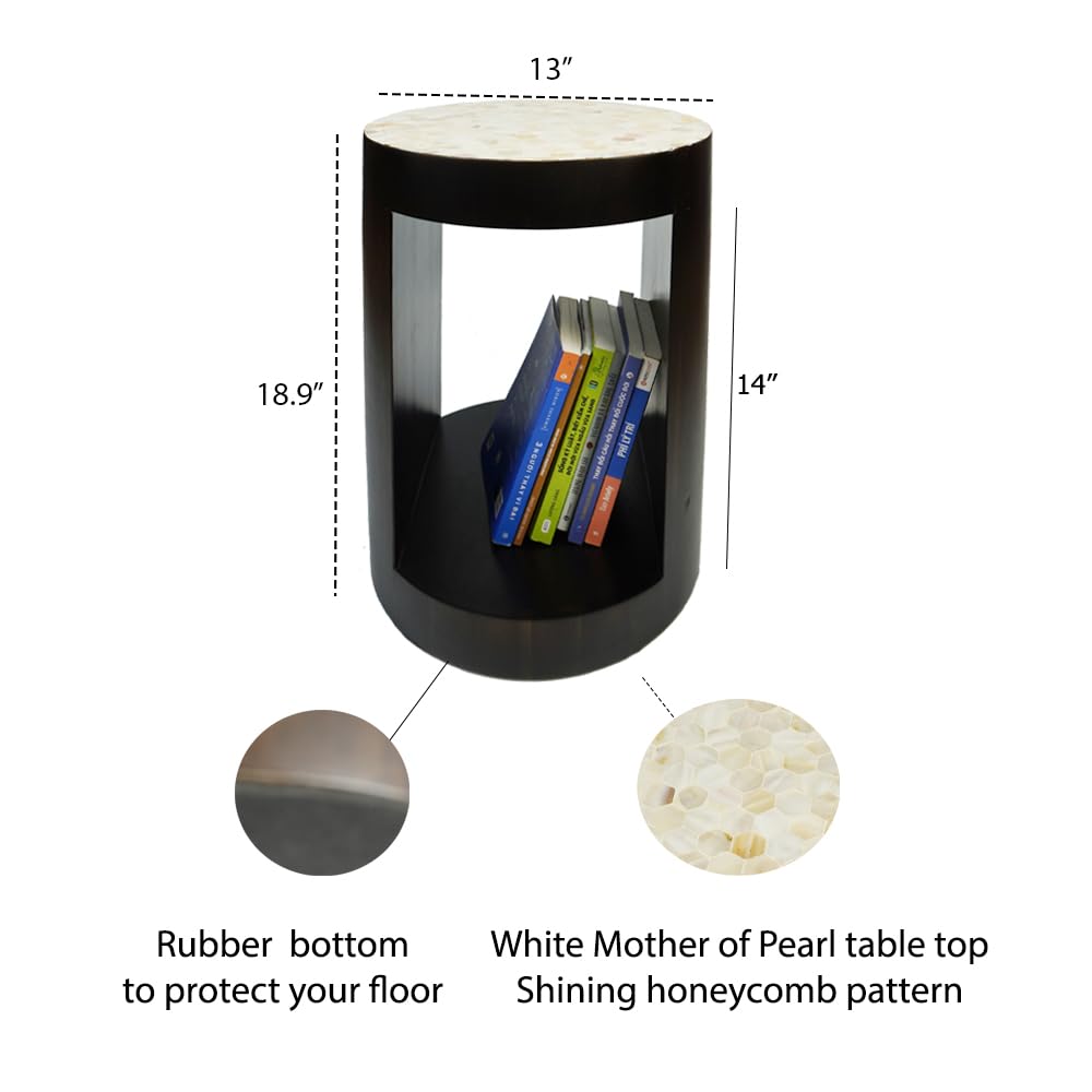 Mother of Pearl Round End Table with Storage Shelf for Living Room, Bedroom Side Table.
