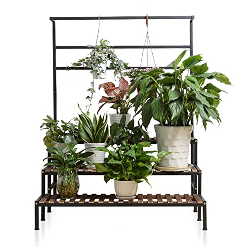 NANKINGFANGAO 3 Tier Indoor Plant Stand, Tall Plant Stand Outdoor Ladder Wood Plant Shelf with Metal Frame, For Terrace Garden Balcony Courtyard Bedroom Living Room Storage