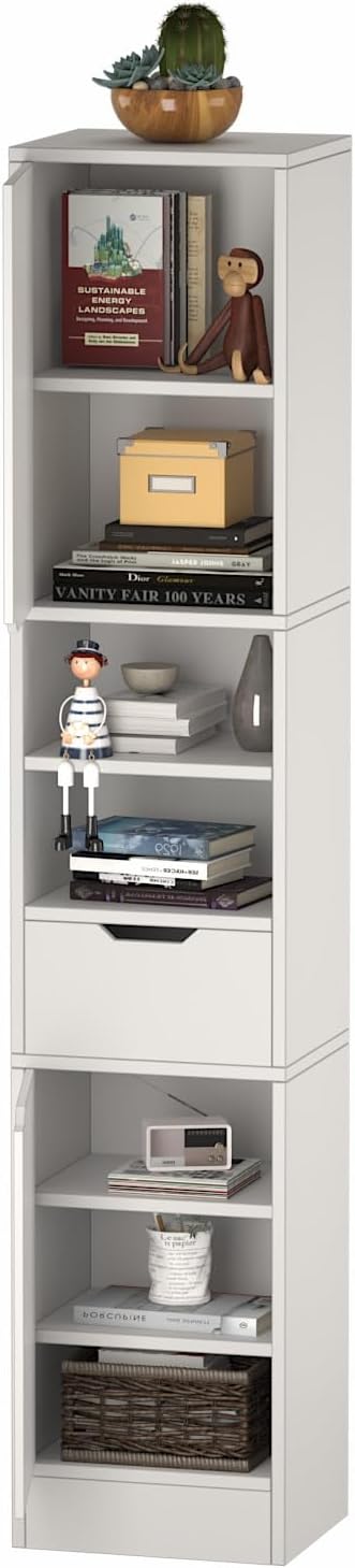 8 Tier Wooden Bookcases and Bookshelves, 67'' Tall Bookcase with 2 Doors and 1 Drawer,