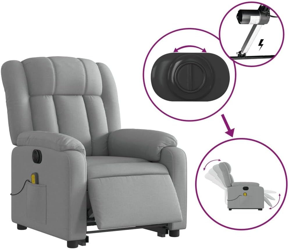 Electric Massage Recliner Chair - Power Lift, Motorized Footrest/Backrest, Vibration Massage, Plush Fabric Seating, Light Gray