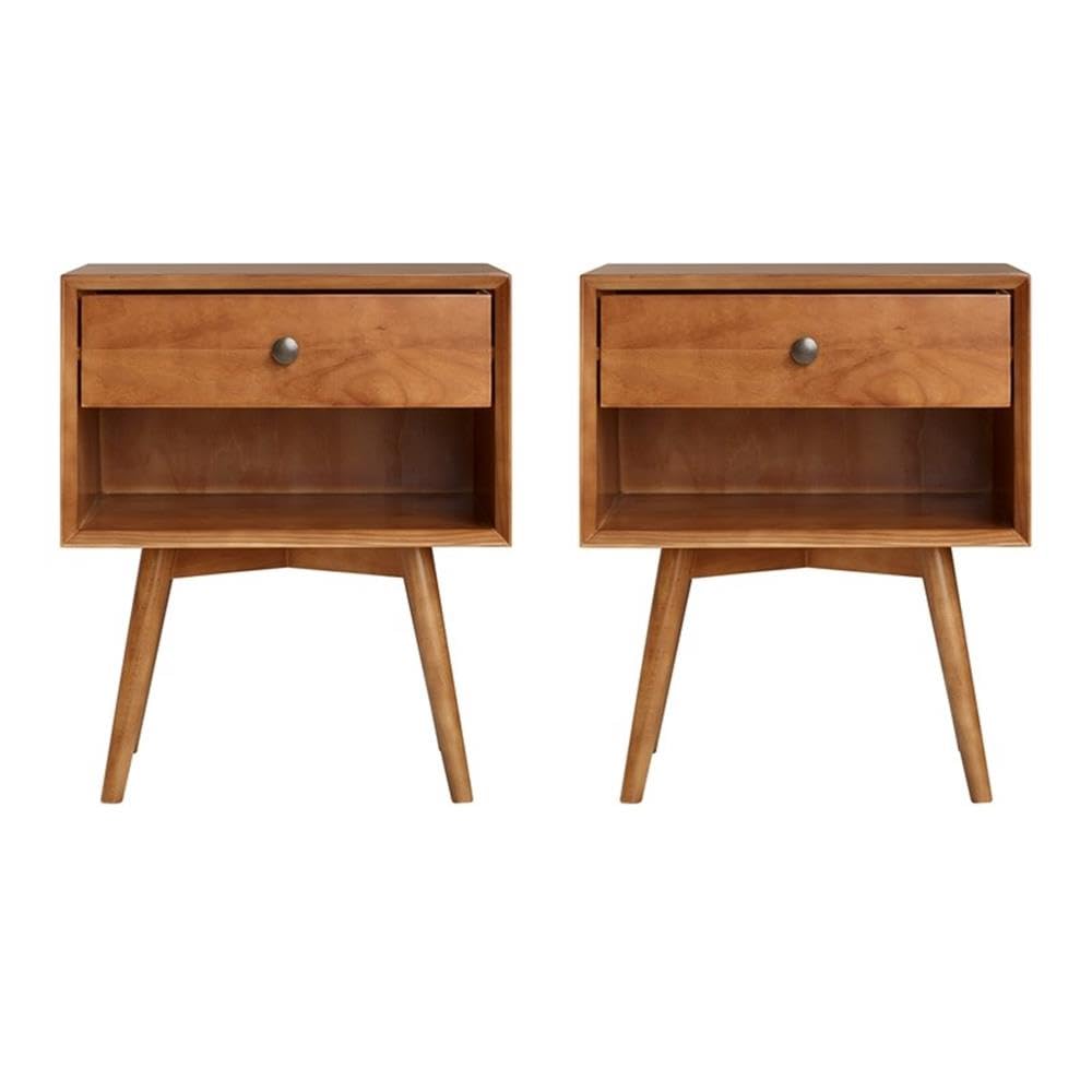 Ella Mid-Century Modern 2-Piece 1-Drawer Solid Wood Nightstand Set, 2 Pack, Caramel