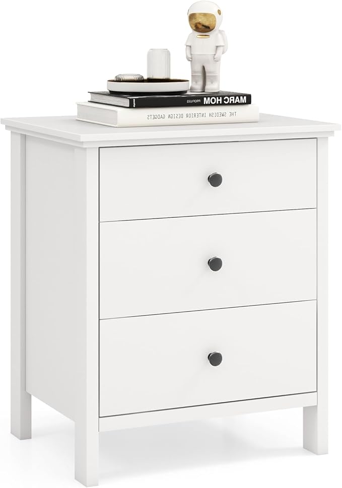 Nightstand with 3 Drawers Set of 2, Wooden Side End Table with Solid Wood Legs