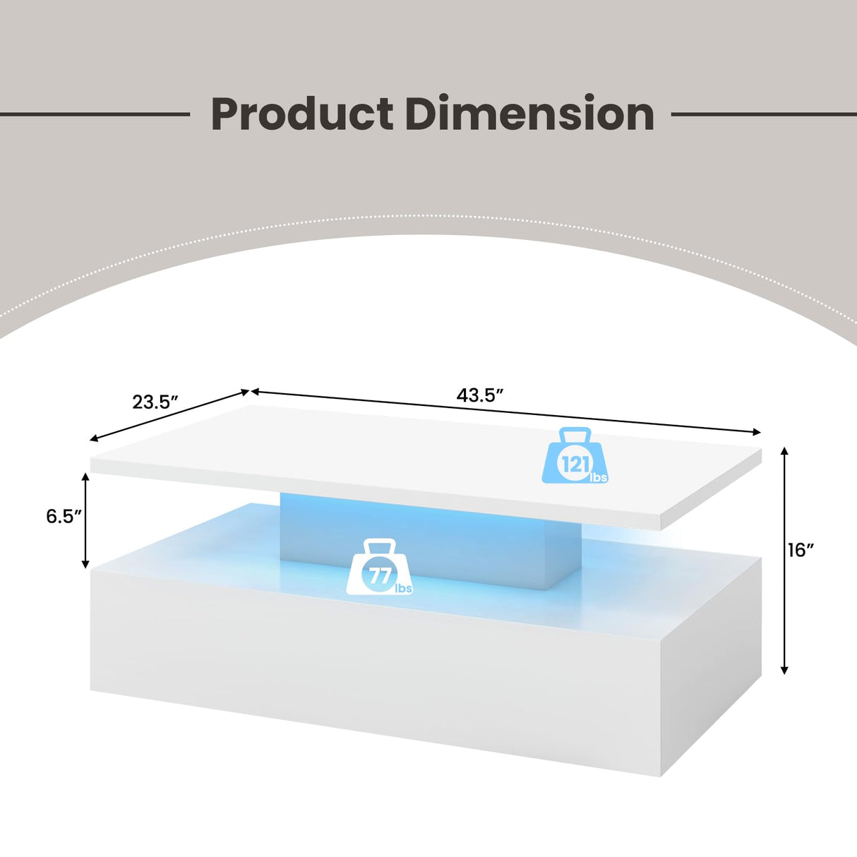 LED Coffee Table, Modern High Gloss Coffee Table w/ 20-Color LED Lights