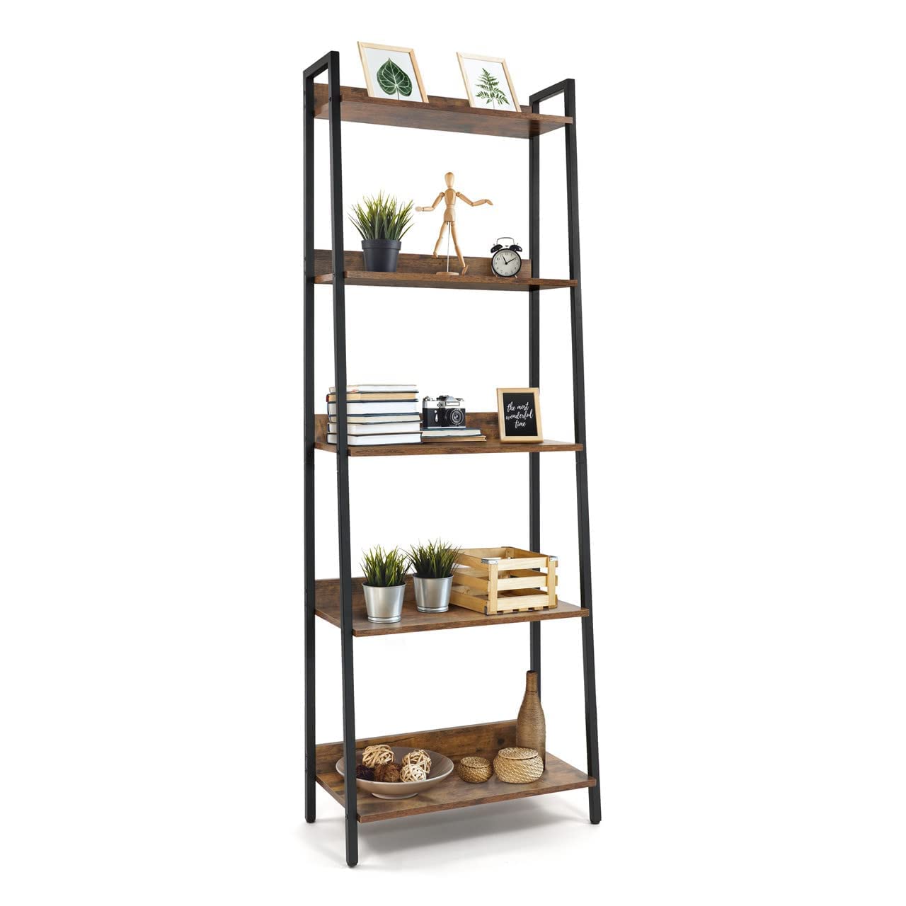 5 Tier Ladder Bookshelf, 24 Inch Width Free Standing Shelf, Bookcase Shelf Storage Rack
