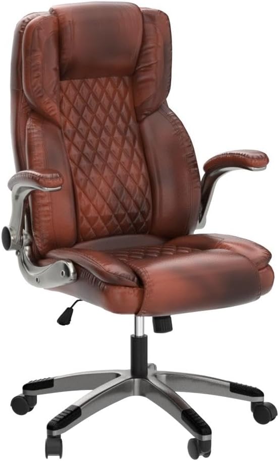 Brown Leather Office Chair with Flip up Arms, High Back Ergonomic Executive Office