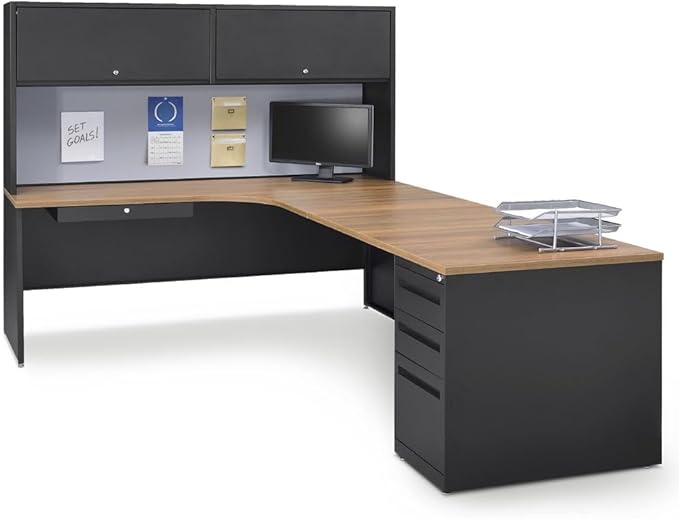Carbon L Shaped Executive Office Desk with Hutch - Durable Laminate Computer Desk