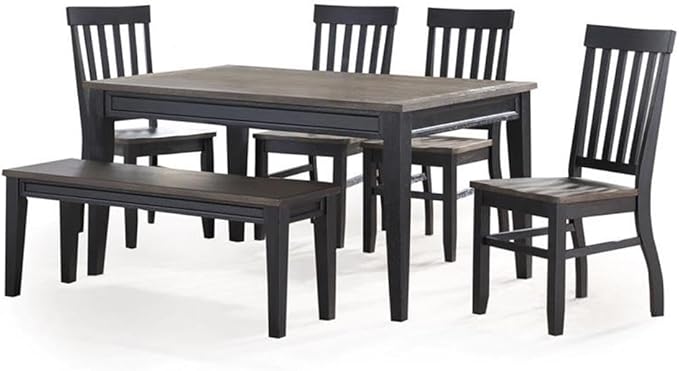 Raven Noir 5pc Dining Table Set, Driftwood Finish, 60" Rectangular Table 4 Side Chairs,