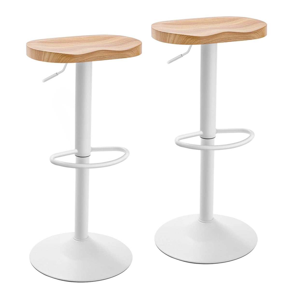 Modern Bar Stools Set of 2, Swivel Adjustable Height Bar Stool Counter Height, 23''-32'' Backless Bar Stools with Wooden Seat, Wood Bar Stools for Kitchen Island Bar Dining Room (White