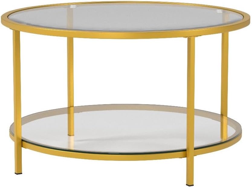 31.5" Round Coffee Table with Open Storage Shelf,2-Tier Temperred Glass Round Accent