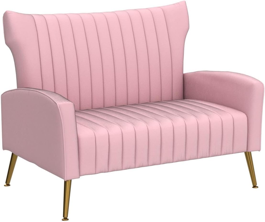 Tufted Contemporary Velvet Wingback HighBack Loveseat Sofa Chair Upholstered Couch with Gold Metal Legs Two-Seat Sofa for Living Room Bedroom Apartment Small Space Dorm, Pink