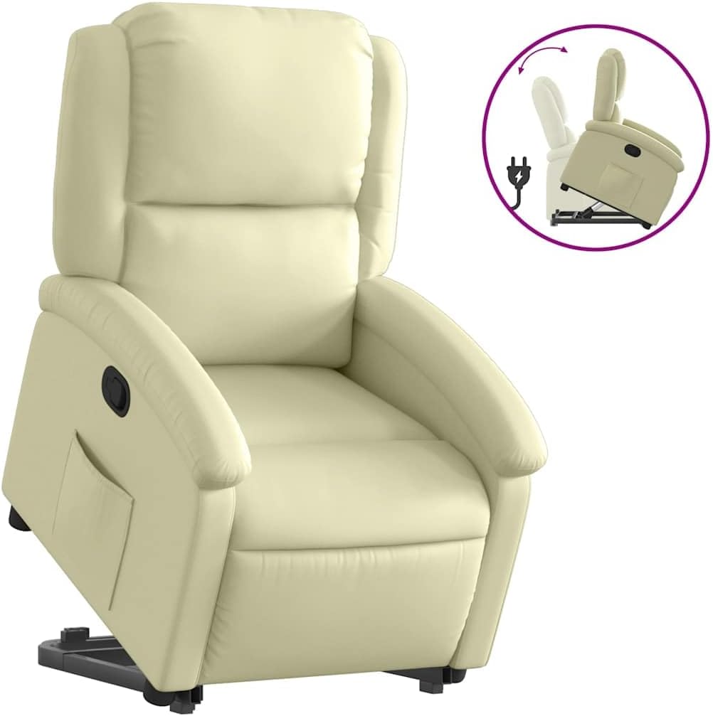 Recliner Chair - Cream Real Leather, Manual Reclining, Easy Stand-Up Function, Comfortable Seating for Elderly, Solid Frame, Convenient Side Pocket