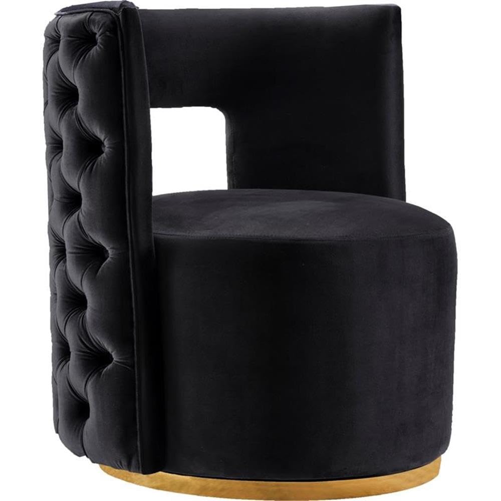 Meridian Furniture Theo Collection Modern | Contemporary Velvet Upholstered Accent Chair with Deep Button Tufting and Swivel Base in Gold Finish, 28" W x 27" D x 31" H, Black