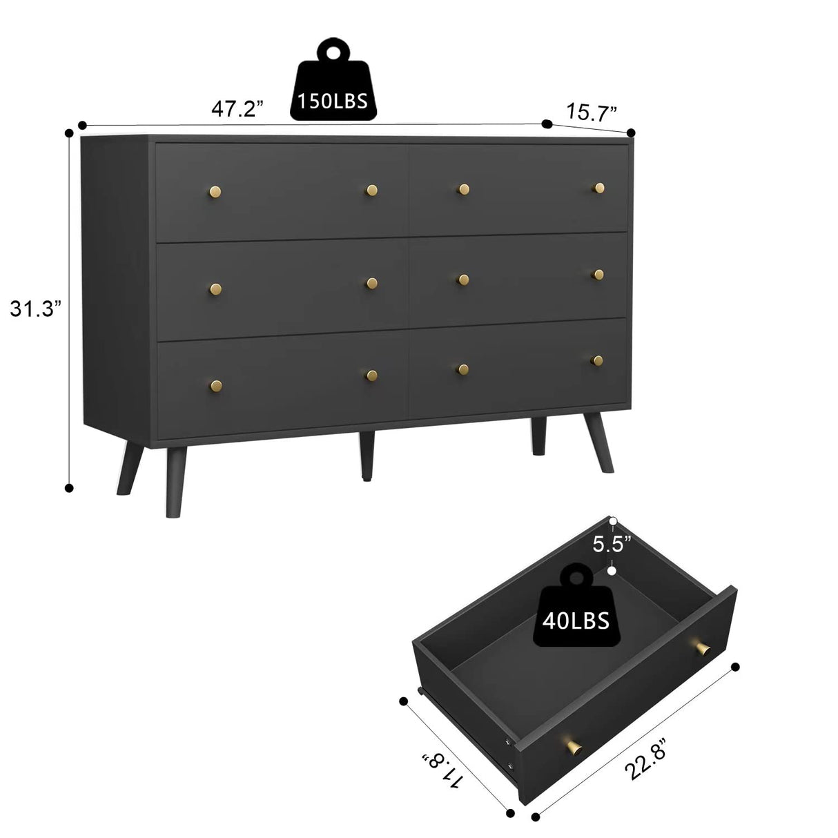 SINROM Black Dresser for Bedroom, Modern 6 Drawer Dresser