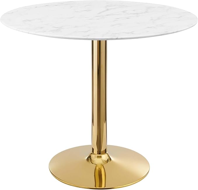 Verne Round Artificial Marble 35" Dining Table in Gold White