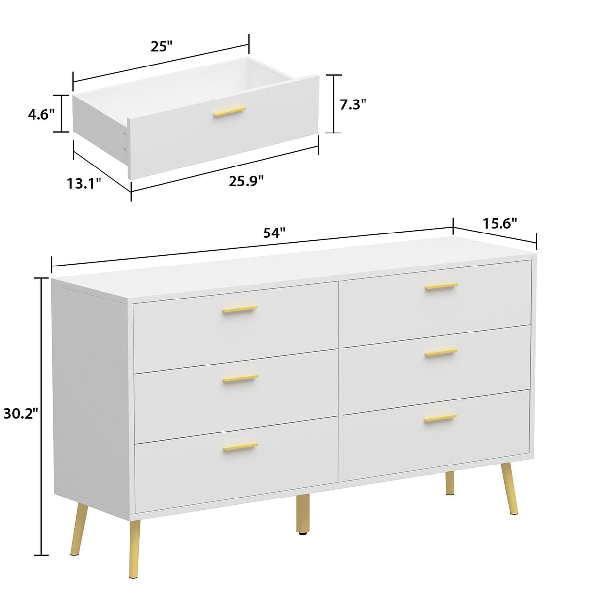 Homsee 6 Drawer Double Dresser Storage Chest of Drawers, Wood Dresser Chest with Gold Metal Legs for Bedroom, Living Room & Hallway, White (54”L x 15.6”W x 30.1”H)
