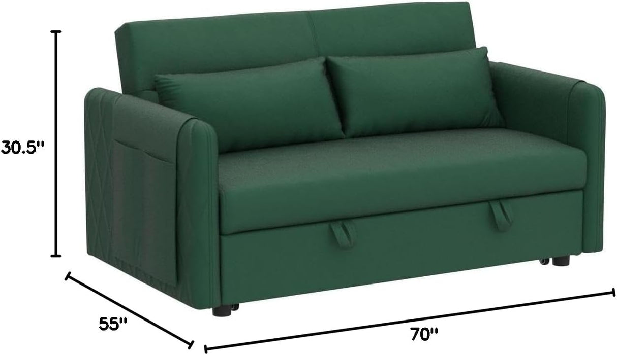 HomSof 55" Modern Convertible Sofa Bed with 2 Detachable Arm Pockets, Velvet Loveseat Sofa with Pull Out Bed, 2 Pillows and Living Room Adjustable Backrest, Grid Design Armrests, Green 4