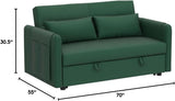 HomSof 55" Modern Convertible Sofa Bed with 2 Detachable Arm Pockets, Velvet Loveseat Sofa with Pull Out Bed, 2 Pillows and Living Room Adjustable Backrest, Grid Design Armrests, Green 4